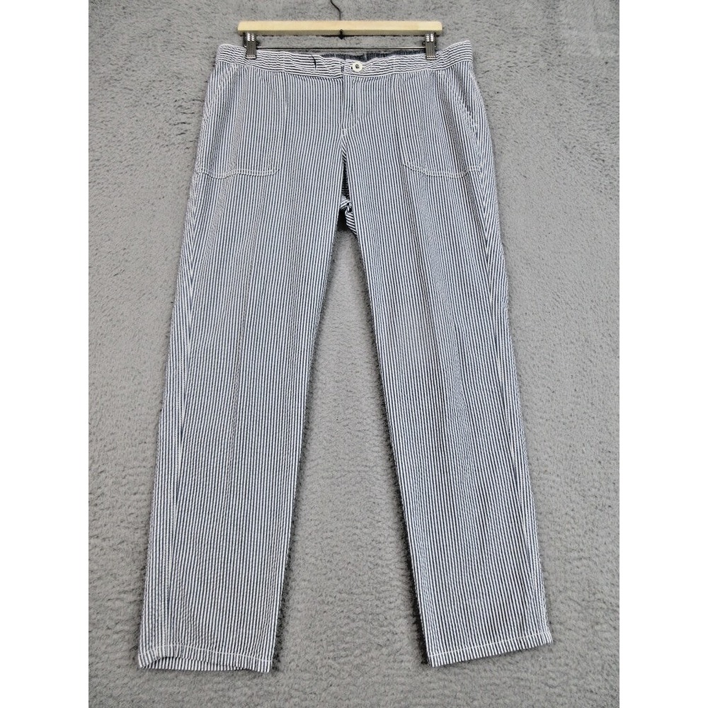 Lands End Seersucker Pants Women 12P Blue White Stripe Coconutgirl Beachy Vacay